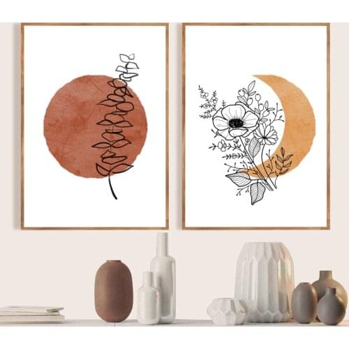 Terracotta Sun and Moon Boho Abstract Canvas Painting Wall Art Posters Eucalyptus Flower Plants Line Art Prints Bedroom Decor