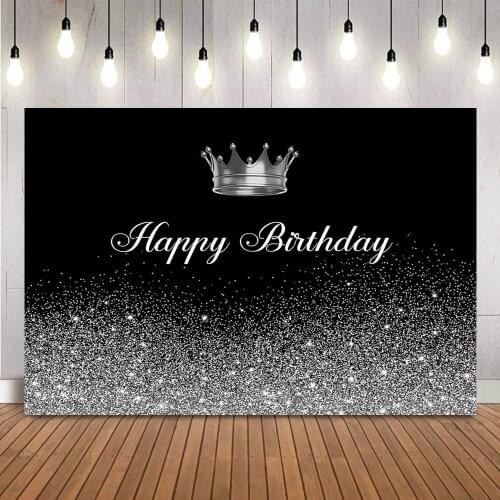 Happy Birthday Black Sliver Glitter Backdrop Sliver Crown Photo Background Studio Adult theme party decoration