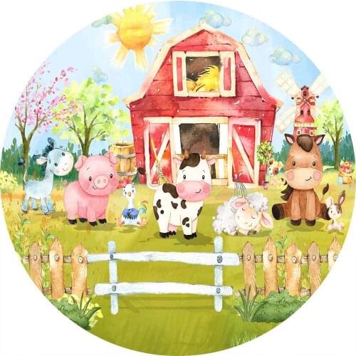 Red Farm Background for Kids Birthday Party Decoration Wallpaper Animals Newborn Baby Shower Round Backdrop for Photo Studio