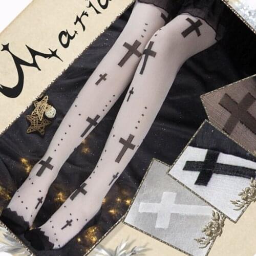 Gothic Thigh High Stockings Cross Patterned Sheer Long Stockings by Yidhra