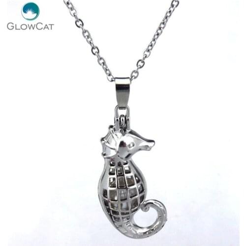 K118 Silver Magnetic Sea Horse Pearl Cage Locket Necklace Stainless Chain 18" Aroma Essential Oil Diffuser Locket