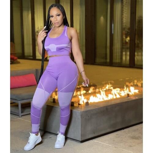 2 Pieces Sport Suit Set Female U-Neck Sleeveless Crop Tops+ High Waist Long Yoga Pants for Summer Purple/Black/Blue