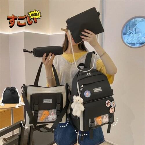 5-piece Set Fashion Women Backpack Cute Badge Pin Oxford Cloth School Bag For Girls Large-capacity Casual Light Travel Backpacks