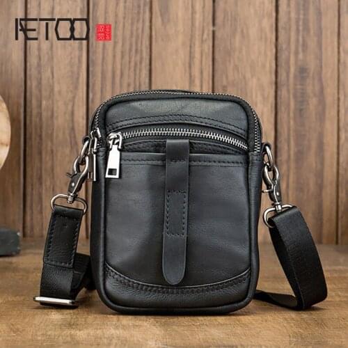 AETOO Leather mens chest bag, multi-function mens shoulder bag, cowhide mobile phone bag, mini messenger bag