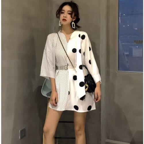 Summer Office Lady Chic Three-Quarter Sleeves Polka Dot Long Blouse Patchwork V-Neck Lace-Up Women Harajuku Bottoming Shirt Tops