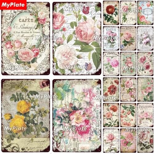 CAFES Rose Metal Poster Plaque Vintage Metal Sign Tin Sign Wall Decor for Garden Kitchen Flower Iron Painting