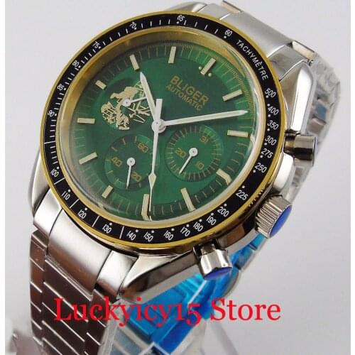 BLIGER Classic Green Automatic Men Watch Date Window Mental Band Round Case