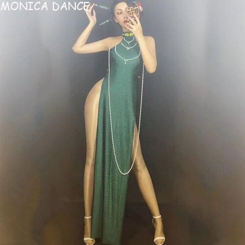 New Arrive Sexy Erotic Women Prom Dress Sleeveless Halter High Fork Dress Nightwear Dresses Singer Dancer Costumes Dress