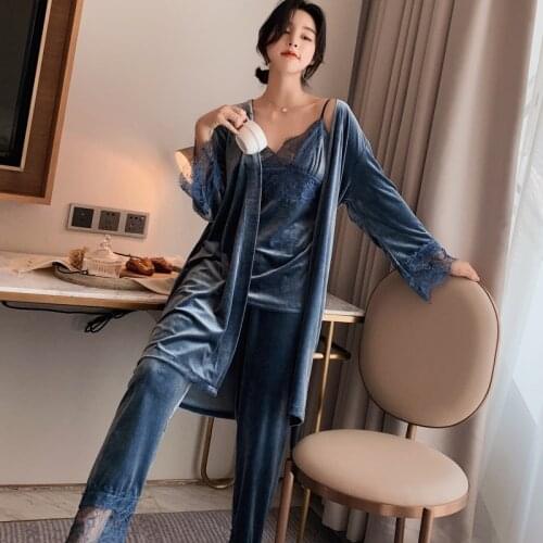 Autumn/winter sexy golden velvet pajama suit for lady with chest cushion and dressing gown three-piece velvet homewear