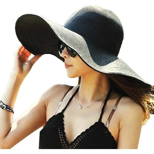 Hawaiian Summer Beach Floppy Hat Solid Color Women Wide Brim Straw Sun Cap