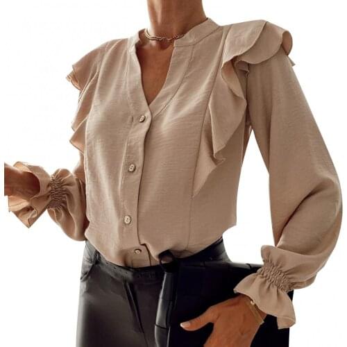 Casual Women Shirt Autumn Solid Color Long Sleeve Tops Ruffle Single-breasted Stand Collar Shirt chemise femme рубашки оверсаиз