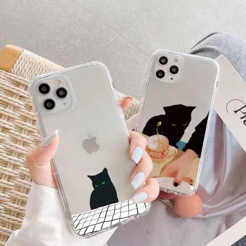 Cute Black Cats Animal Pattern Clear Phone Case For iphone 6s 7 8 Plus SE 2020 X XS MAX XR 11 12 Pro Max Soft Transparent Cover