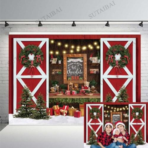 Christmas Photography Backdrop Red Wood Door Winter Snow Xmas Tree Wreath Party Toy Gift Decor Baby Kids Photo Studio Background
