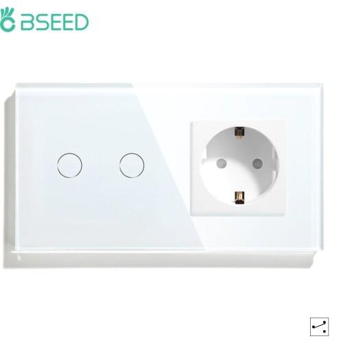 BSEED Touch Light Switch With EU Wall Socket White Black Golden Wall Sensor Switch 1/2/3Gang 2Way Crystal Glass Panel Backlight