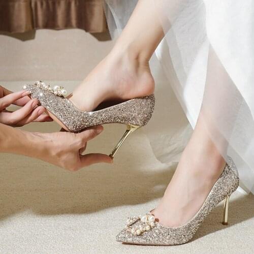 Wedding Shoes Women 2019 New Winter Wedding Bridal Shoes Golden Annual Meeting High Heels Thin Heeled Sequined Crystal Shoes