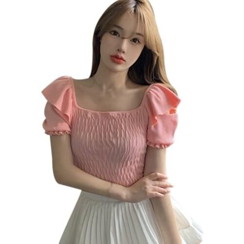 Women Korean Solid Square Neck Slim Sweet Tee Shirt Exposed Navel Knitted Short Sleeve T-Shirt Tops