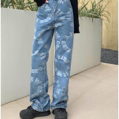 Women High Waist Jeans Pants Auutmn Letter Print Baggy Wide Leg Denim Pants Woman Korean Streetwear Straight-leg Long Pants