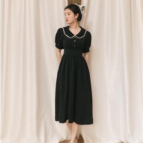 Hepburn Style Black Dress Women 2021 Summer New Pearl Doll Collar Sweet Cute High Waist Thin Puff Sleeve Temperament Dresses