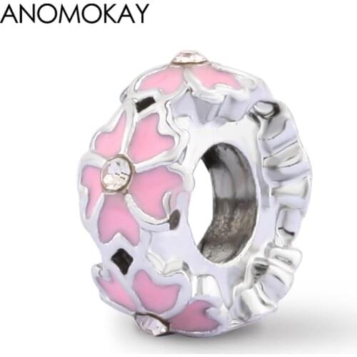 Anomokay Romantic Pink Enamel Flower Charms Beads fit Bracelets Bangles Cute Pink Plant Beads for Women DIY Jewelry 2 Pcs/Lot