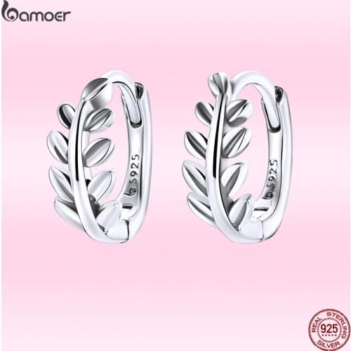 Bamoer 2021 New 100% 925 Sterling Silver Simple Leaf Hoop Earrings for Women Original Design Elegant Fashion Jewelry Gift BSE500