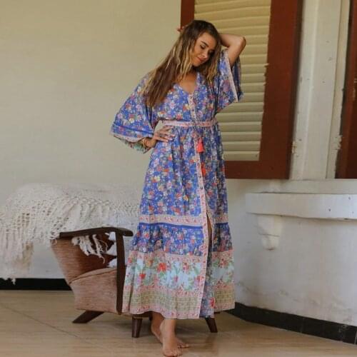 Bohemia MAXI Long dress A-line Fit and Flare Floral print Cardigan Button Ruffle at hem Tropical Beach style Draped Ruched dress