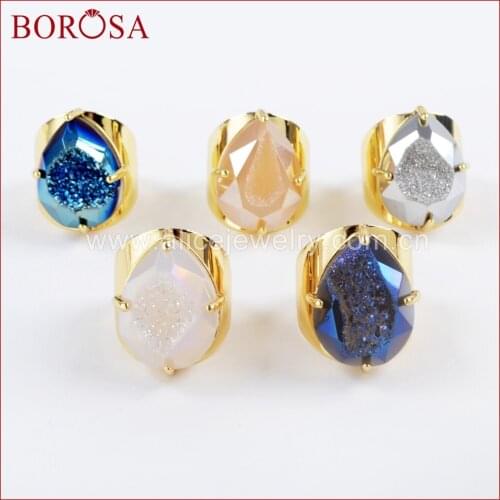 BOROSA 5PCS Teardrop Gold Color Claw Rainbow Titanium Druzy Faceted Ring, Rainbow Drusy Bang Rings Jewelry for Women ZG0310