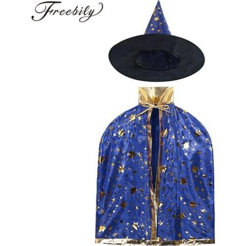 Kids Halloween Costumes Witch Wizard Cloak Cape Pointed Hat Set Fancy Cosplay Party Stars Pattern Girls Boys Magician Outfit
