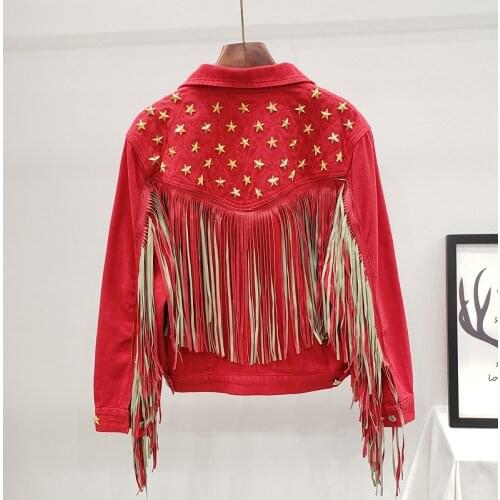 Denim Women Jacket 2020 red Autumn N Vintage Star Rivet Suede Fringe Loose Coat Long Sleeve Outerwear Female Jacket
