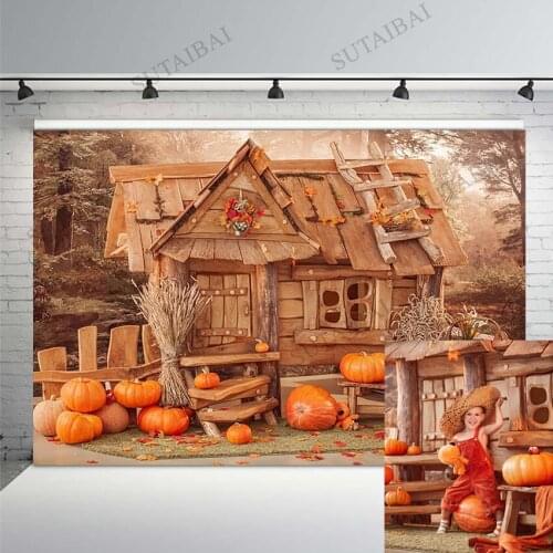 Wood House Halloween Background Adult Portrait Backdrop Child Photography Baby Pumpkin Lantern Haystack Photo Studio Photocall