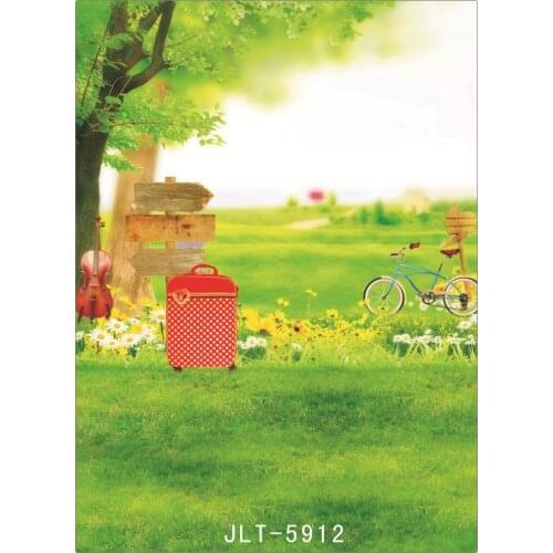 Photography Background Spring Grassland Suitcase Customized Computer Printed Photo Backdrop for Photo Shooting Wedding Children