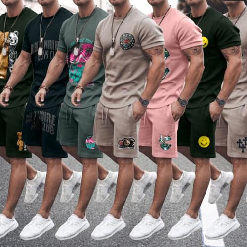 Summer Mens Short Sleeve Tops with Shorts Sports Style Clothes for Men Printed Casual T-Shirt Set Multi Colors Men Outfit Set
