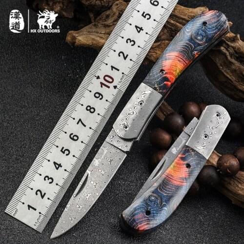 HX OUTDOORS Elk Folding Blade Pocket Knives Damascus Stainless Steel Camping Hunting Knife Outdoor Tools Wood Handle