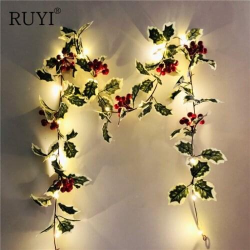 Simulation Christmas Red Fruit Rattan Leaves Plant Thanksgiving Decoration Lights Party Room Garden Decoration LED String Lights