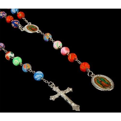 Catholic soft clay rosary cross necklace, glamour soft ceramic beads rosary, Guadalupe icon necklace. 8 mm. 30pcs