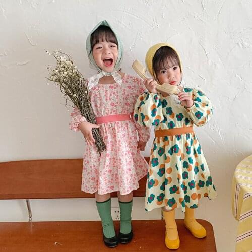 Korean childrens small flower print girls dress waist closing long sleeve color princess skirt foreign style childrens dress