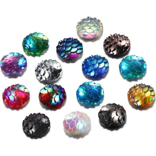 50Pcs 10mm Mix Colors Mermaid Fish Scale Flat back Rhinestone Round Cabochon For DIY Jewelry Making Accessories Supplies Craft