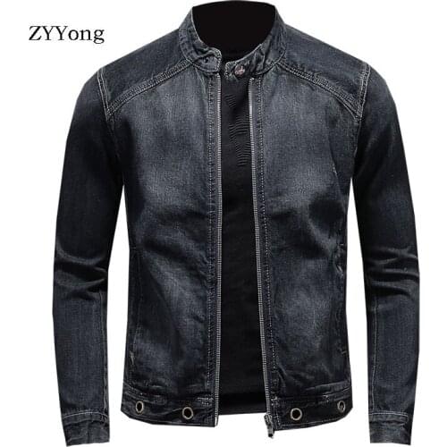New European Style Stand Collar Bomber Pilot Black Denim Jacket Men Jeans Coats Slim Motorcycle Casual Outwear Clothing Overcoat