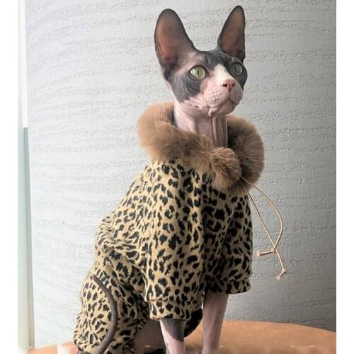 Pet Cat Clothes Pet Jacket Hairless Cat Sweater Dog Leopard Print Plus Velvet Four-legged Jumpsuit one-piece Fur Collar