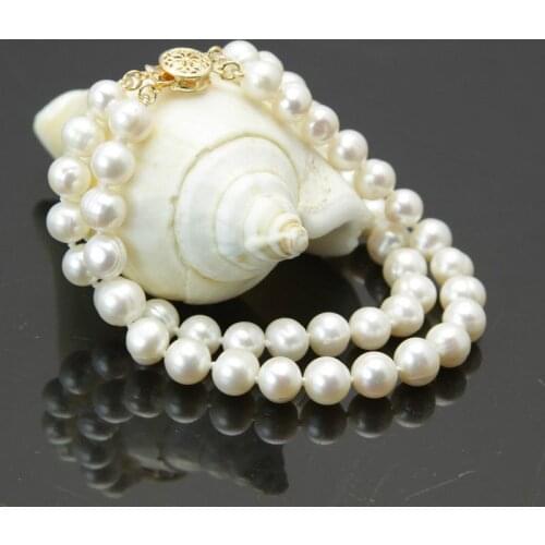 New 2 rows 7-8mm white freshwater cultured pearl bracelet 7.5"