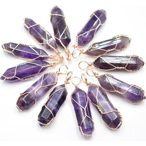 Wholesale 20pcs/lot natural tiger eye stone amethysts pillar shape point handmade iron wire pendants for jewelry making free