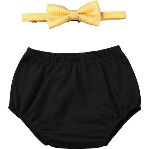 Oyolan Infant Baby Boys Casual Outfit First 1st Birthday Diaper Cover Bloomers with Bow Tie Set Photo Props Set for 12-18 Months