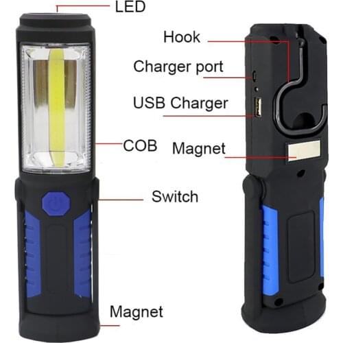 Portable COB Night Light USB Rechargeable Flashlight LED Torch Lantern Work Light Camping Lamp with Built-in Battery Magnet Hook
