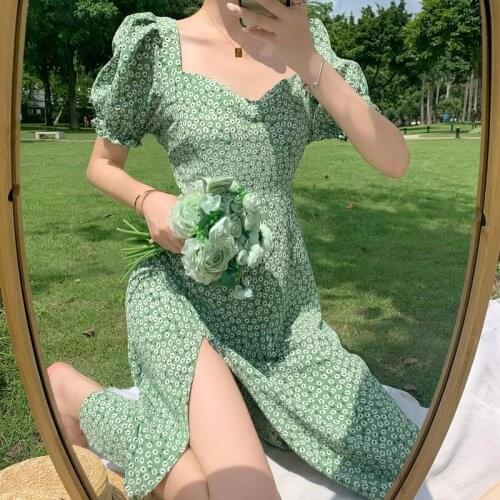French Elegant Dress Women 2020 Autumn Chic Chiffon Casual Party Floral Dress Square Collar Puff Sleeve One-piece Dress Korean