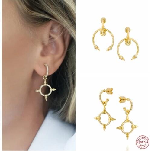 Aide 925 Sterling Silver Crystal Curved Arrow Hoop Pendant Drop Earrings Shiny Zircon Arc Circle Arrow Charm Dangle Earring Gift