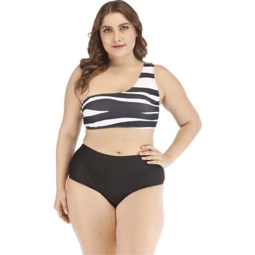 Striped Plus Size Bikini Set Women Sexy One Shoulder Fat Ladies Swimwear Zebra Print Swimming Costume High Waist Bathing Suit