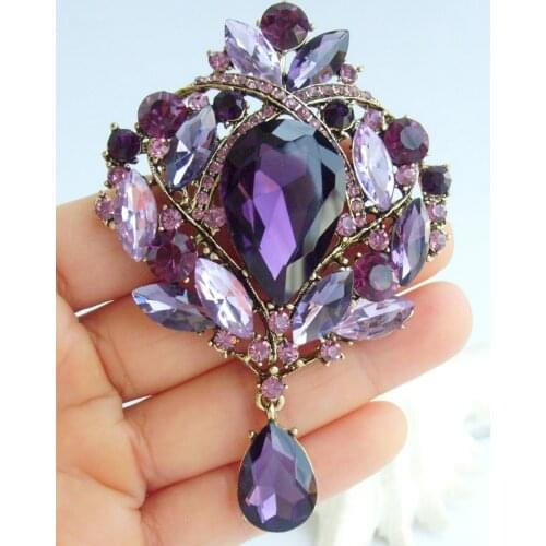 Luxury 3.54" Purple Rhinestone Crystal Teardrop Brooch Pin Pendant EE04082C7