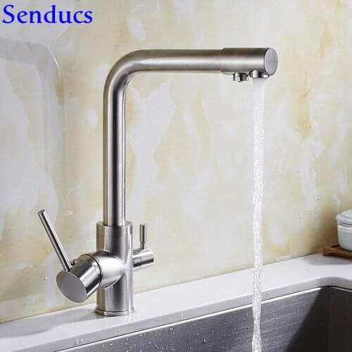Senducs Brushed Water Filter Faucet Solid Brass Kitchen Sink Faucet Dual Hand Hot Cold Water Tap Deck Mounted Kitchen Filter Tap
