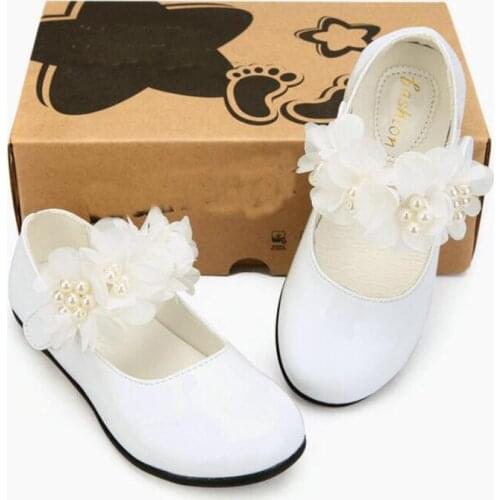 Flower Children Girls White Red Pu Leather Princess Shoes For Little Kids Girls School Lace Pearls Wedding Party Dance Shoes New
