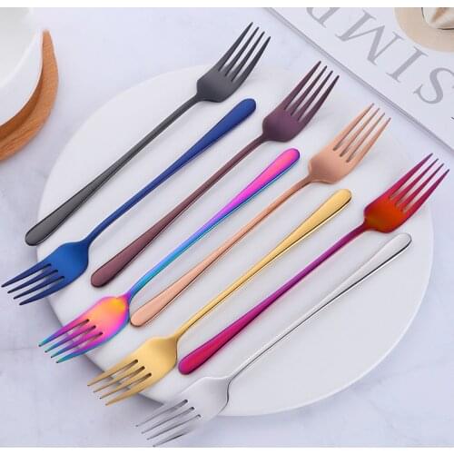 Stainless Steel Dinner Fork Korea Colourful Dessert Long Handle Fork Blue Black Gold Forks for Hotel Party Kichen Accessories