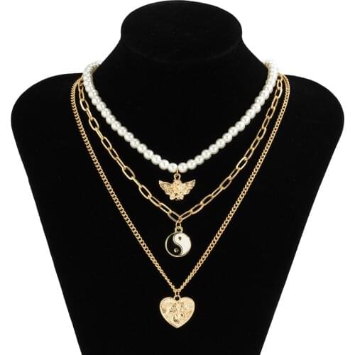 Vintage Pearl Choker Necklace For Women Girls Hip Hop Rock Angel Heart Yingyang Pendant Necklaces Gothic Jewelry Friends Gifts